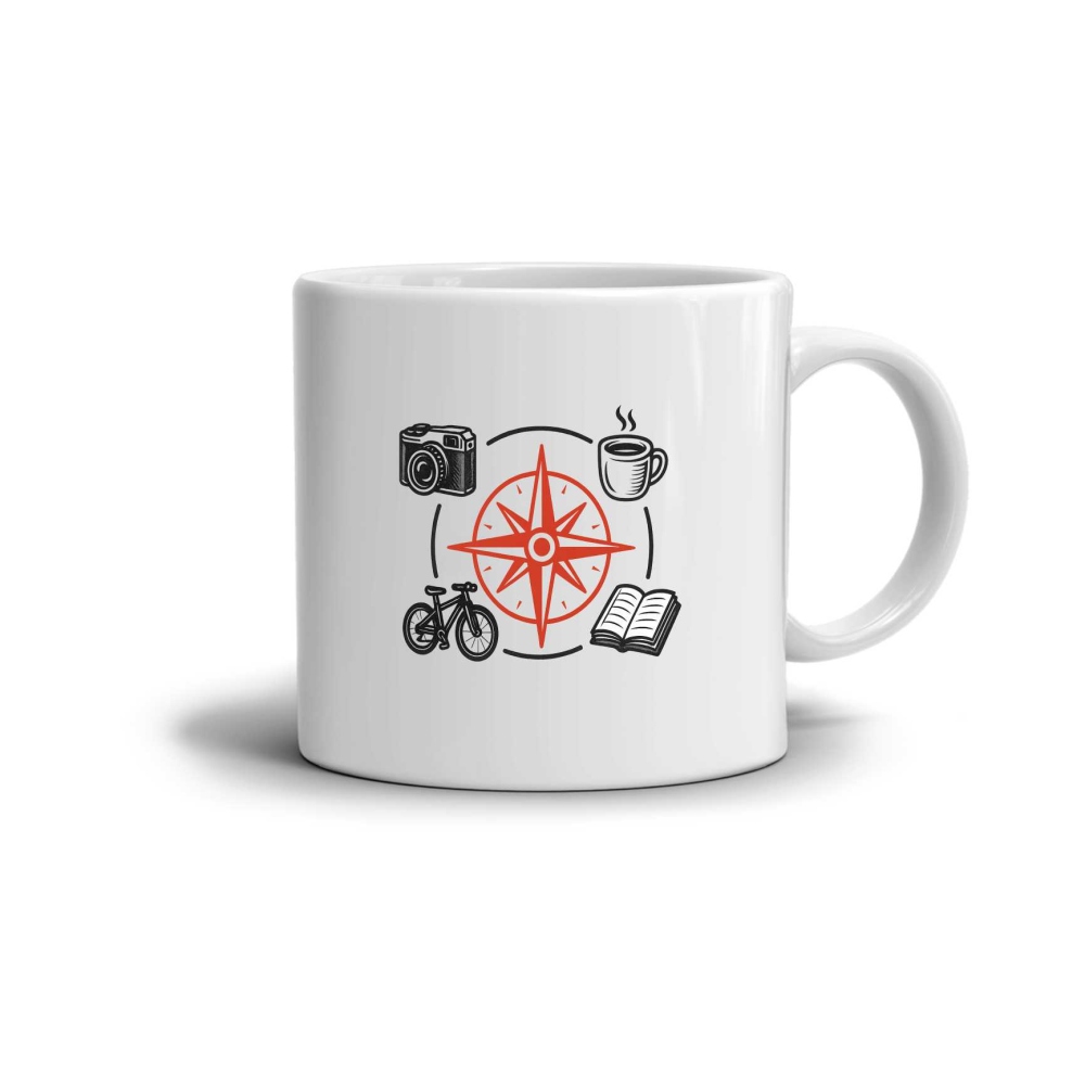 Fehér kerámia bögre 330ml képpel - iránytű és hobbi