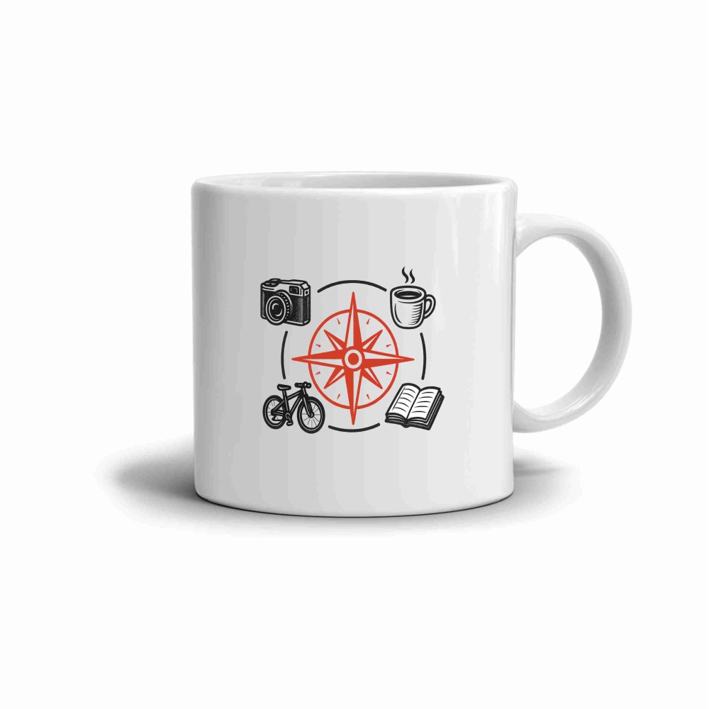 Fehér kerámia bögre 330ml képpel - iránytű és hobbi