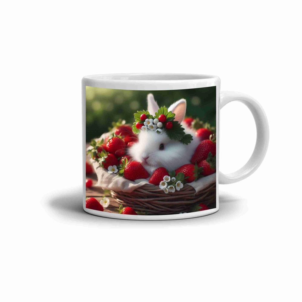 Fehér kerámia bögre 330ml képpel - nyuszi eperben