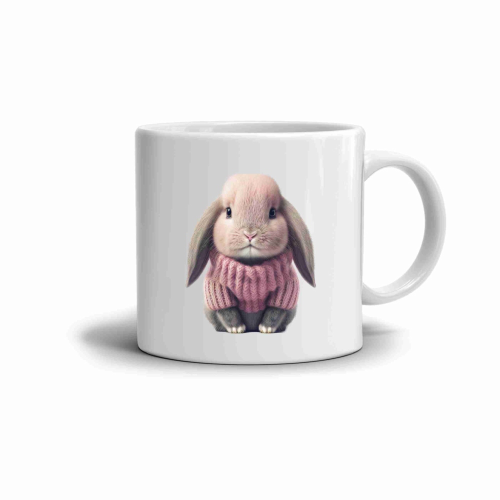 Fehér kerámia bögre 330ml képpel - pulóveres nyuszi