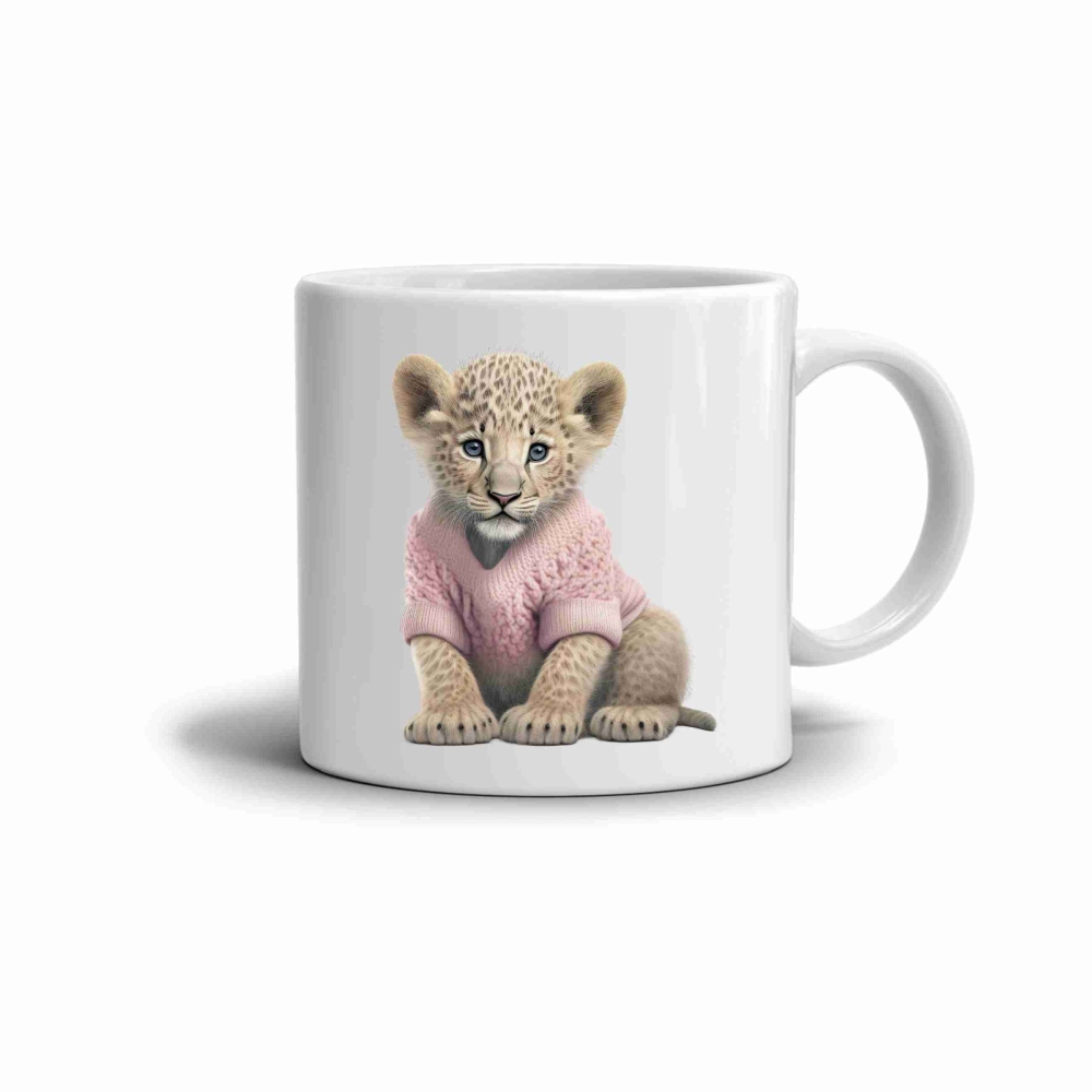 Fehér kerámia bögre 330ml képpel - oroszlánkölyök pulóverben