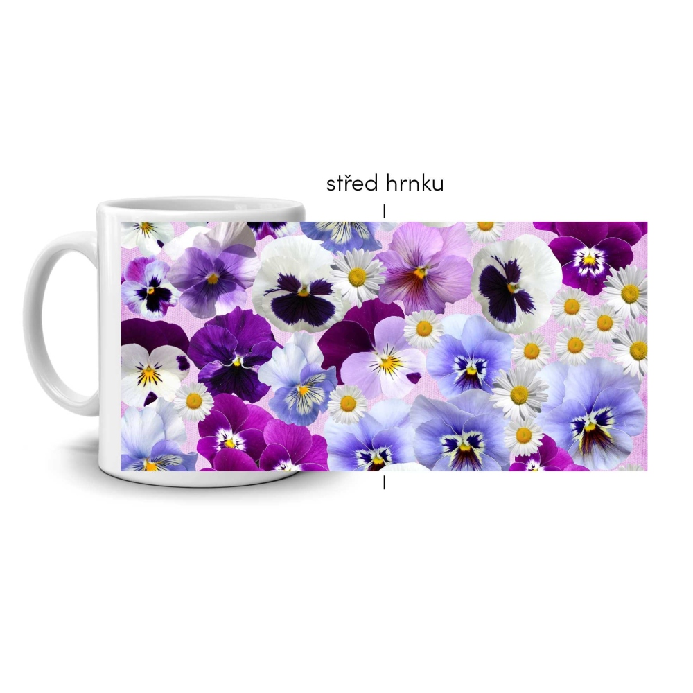 Fehér kerámia bögre 330ml képpel - árvácskák és százszorszépek