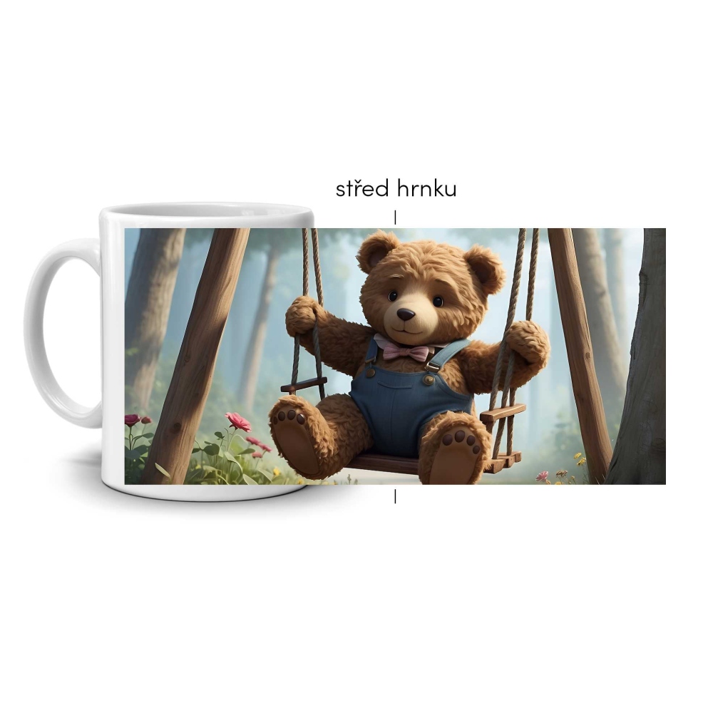 Fehér kerámia bögre 330ml képpel - plüssmackó hintán