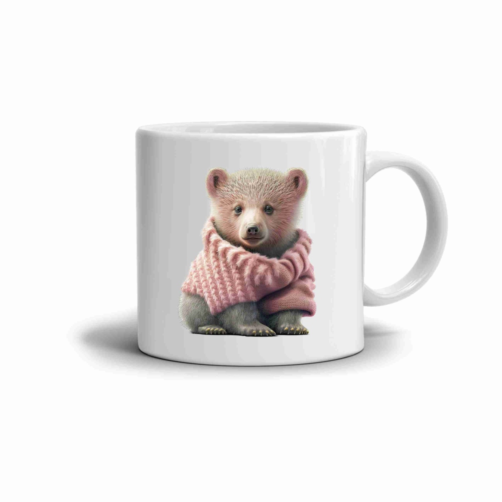 Fehér kerámia bögre 330ml képpel - mackó pulóverben