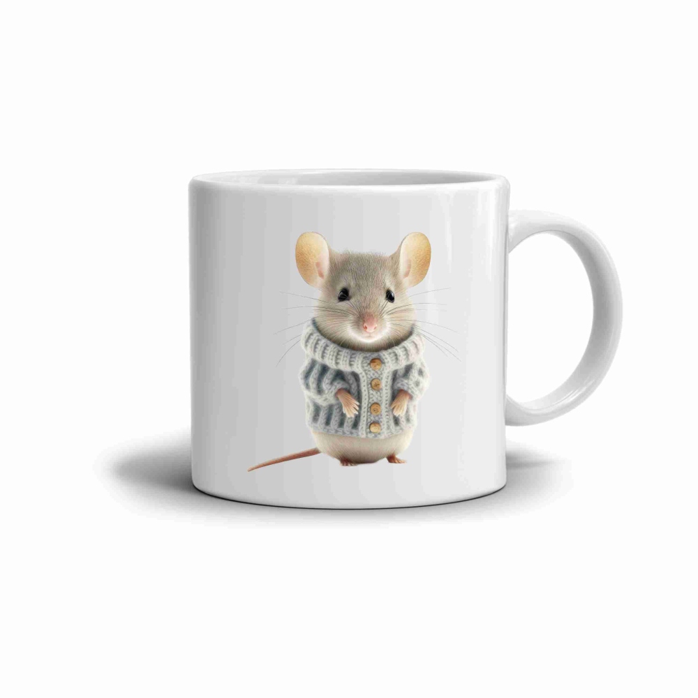 Fehér kerámia bögre 330ml képpel - egér pulóverben