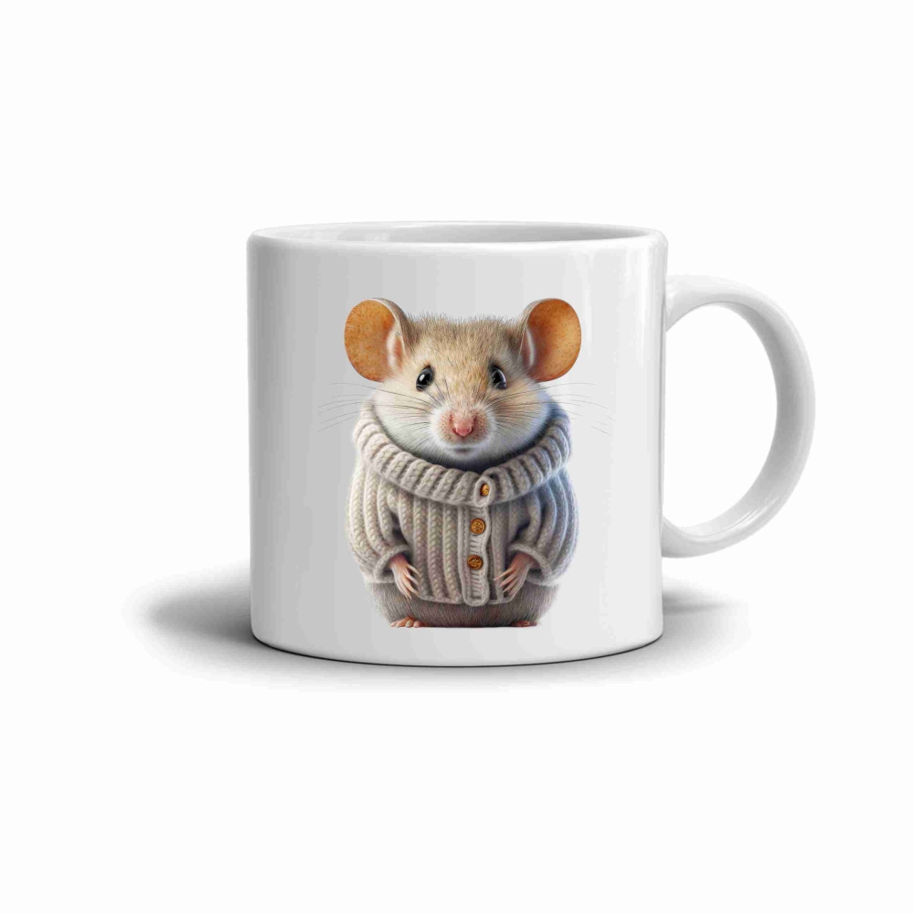 Fehér kerámia bögre 330ml képpel - egér pulóverben