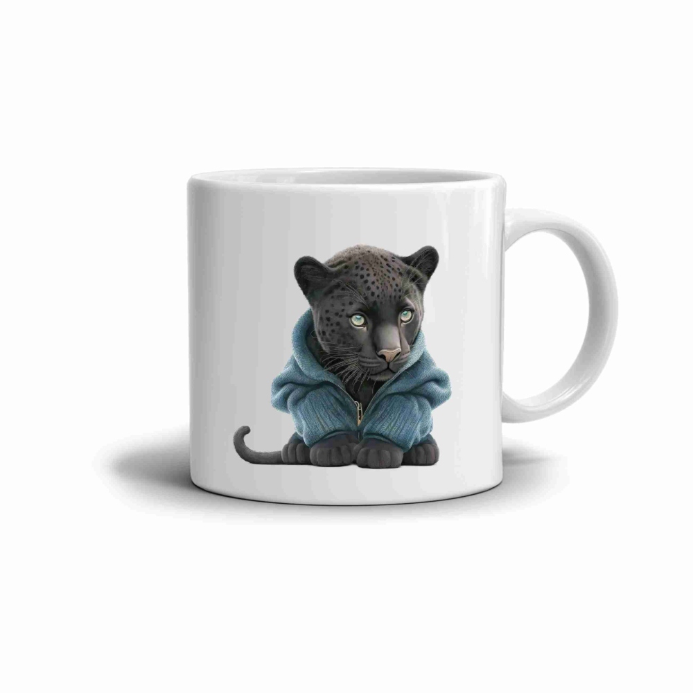 Fehér kerámia bögre 330ml képpel - párduc pulóverben