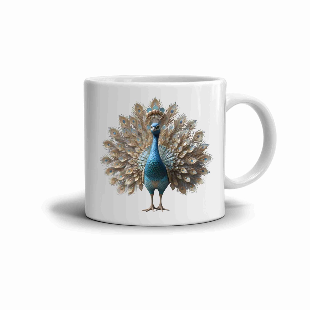 Fehér kerámia bögre 330ml képpel - páva teljes szépségében