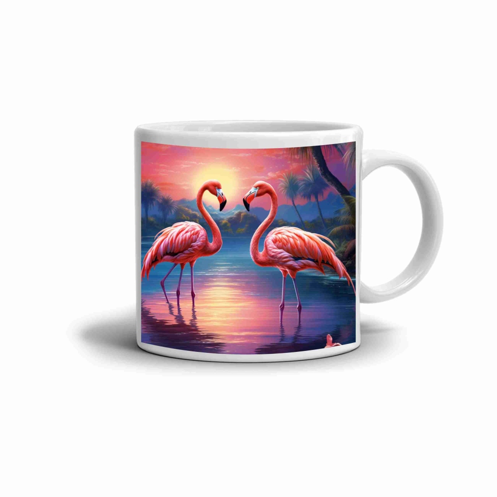 Fehér kerámia bögre 330ml képpel - flamingók naplementekor