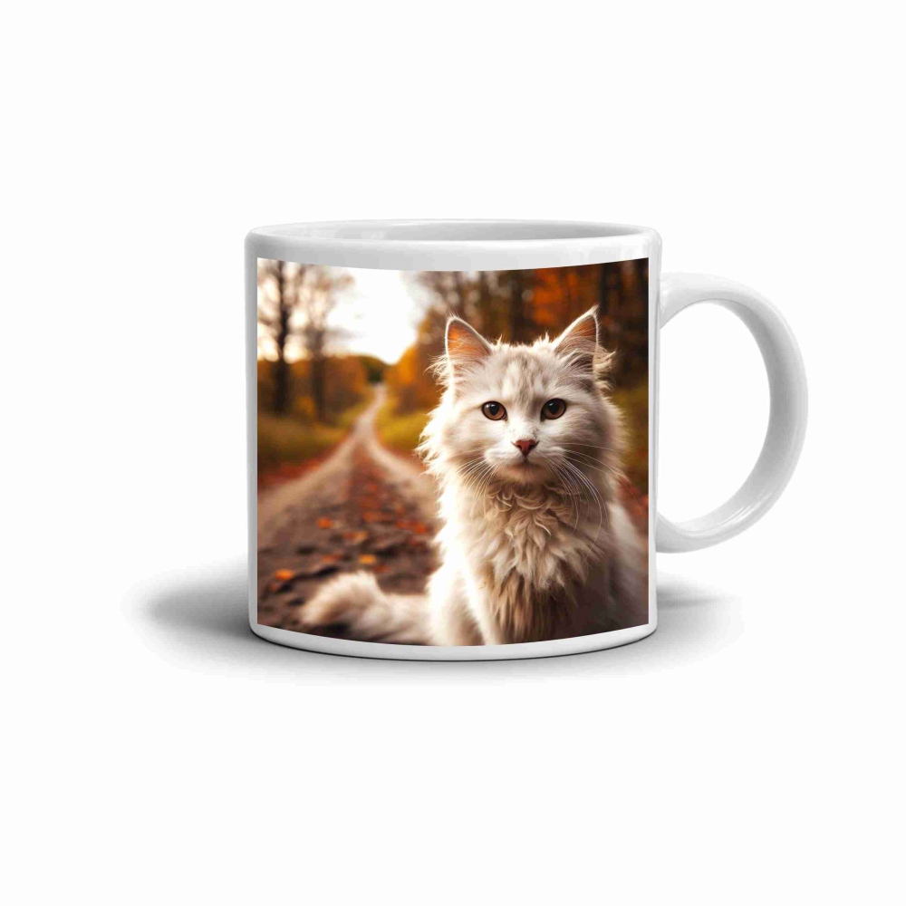 Fehér kerámia bögre 330ml képpel - őszi macskaszépség