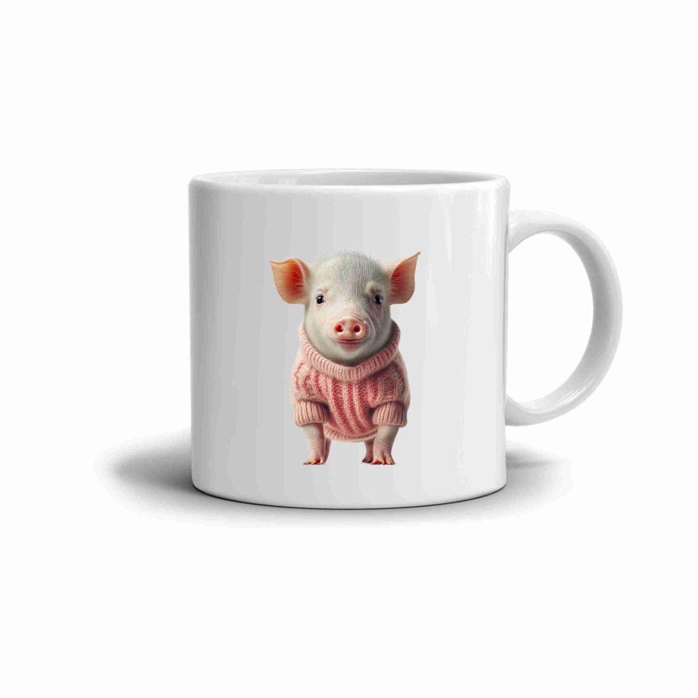 Fehér kerámia bögre 330ml képpel - malac pulóverben