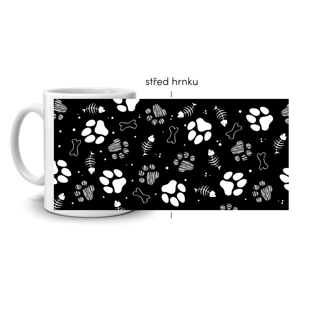 Fehér kerámia bögre 330ml képpel - kutyamancsok (sötét téma)