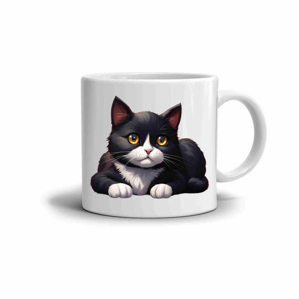 Fehér kerámia bögre 330ml képpel - aranyos fekete-fehér macska