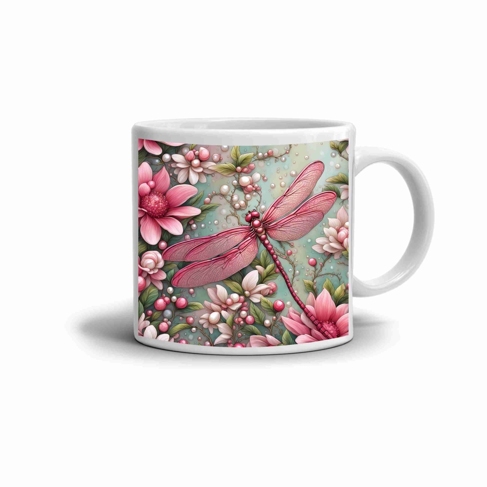 Fehér kerámia bögre 330ml képpel - rózsaszín szitakötő