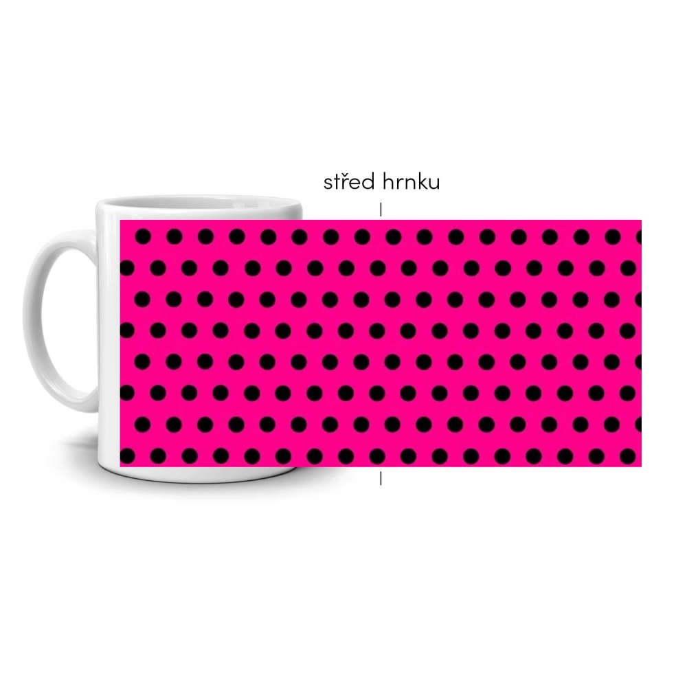 Fehér kerámia bögre 330ml képpel - rózsaszín, fekete pöttyökkel