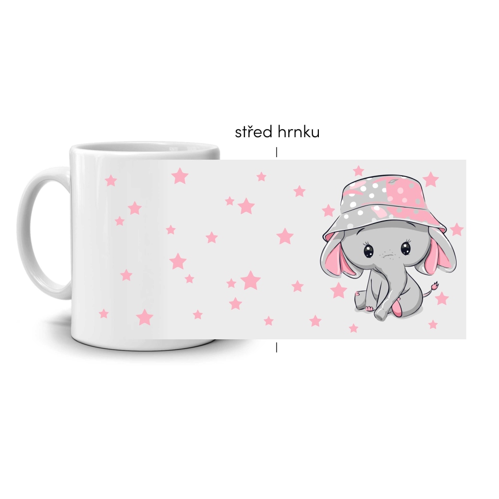 Fehér kerámia bögre 330ml képpel - elefánt rózsaszín kalapban