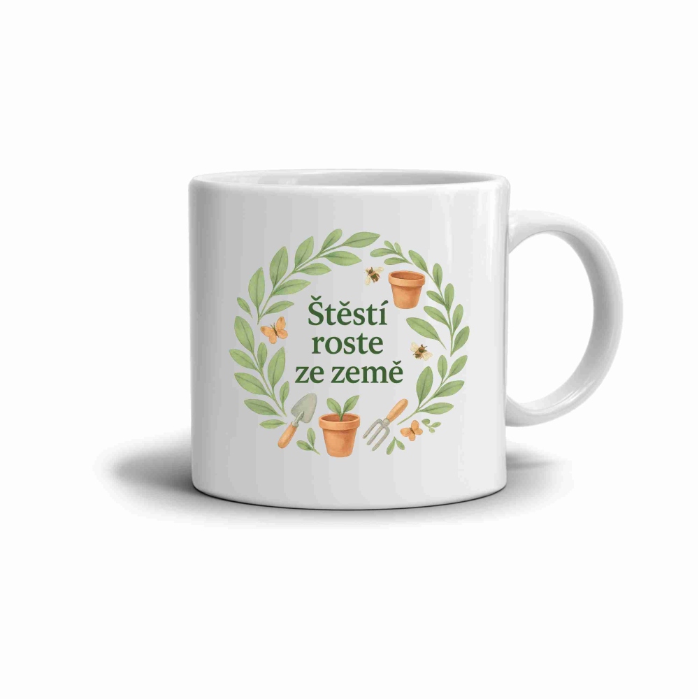 Fehér kerámia bögre 330ml képpel - a boldogság a földből fakad