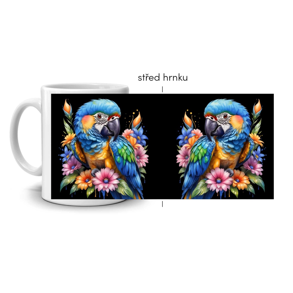 Fehér kerámia bögre 330ml képpel - trópusi ara ararauna (sötét téma)