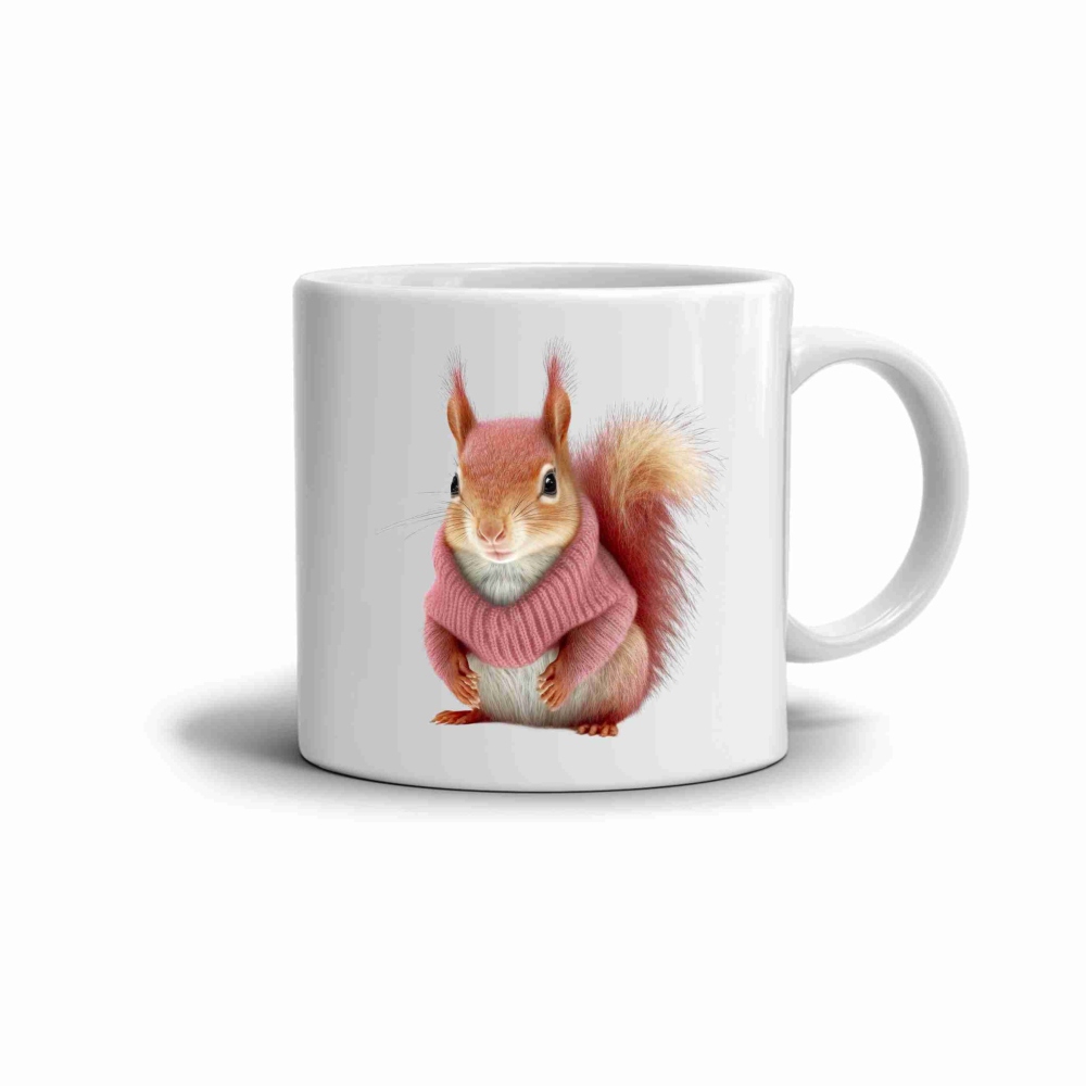 Fehér kerámia bögre 330ml képpel - mókus pulóverben