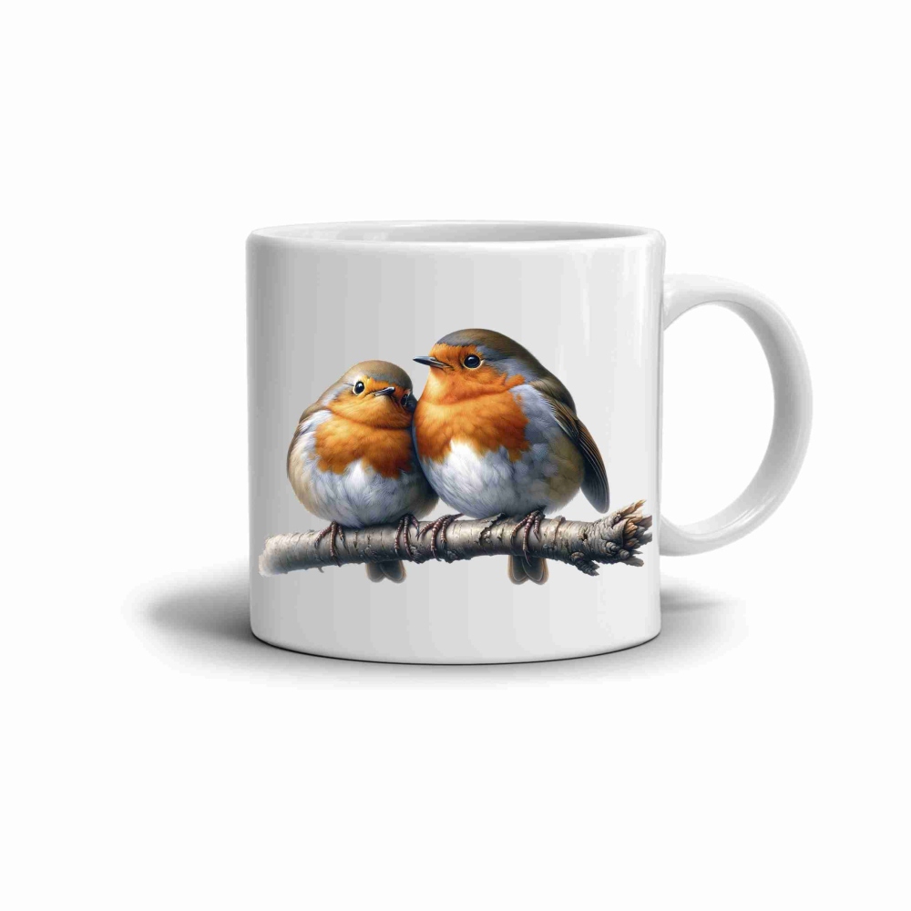 Fehér kerámia bögre 330ml képpel - szerelmes vörösbegyek