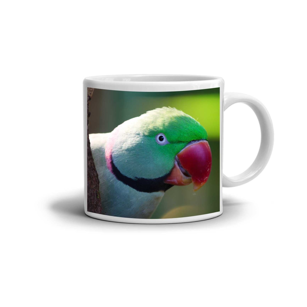 Fehér kerámia bögre 330ml képpel - zöld egzotikus papagáj
