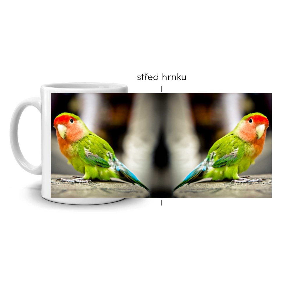 Fehér kerámia bögre 330ml képpel - zöld agapornis papagáj