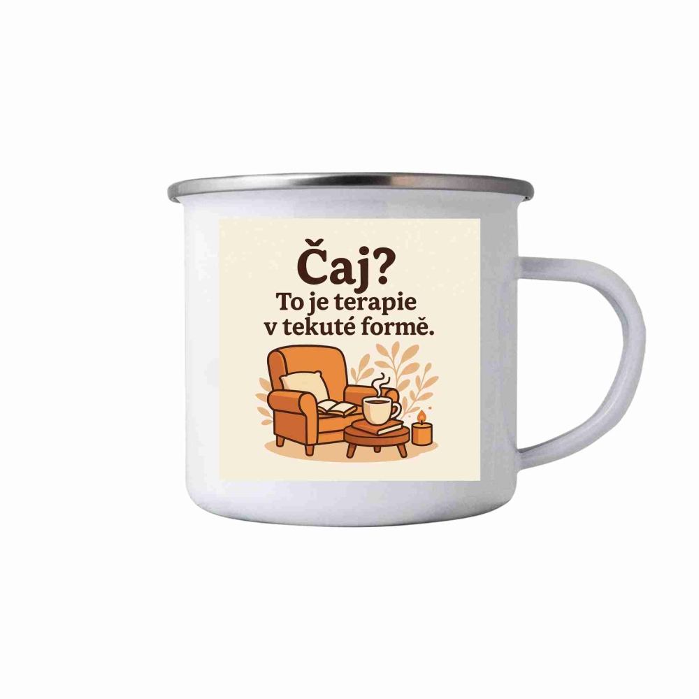 Fehér bádogbögre 380ml képpel - idézet A tea terápia