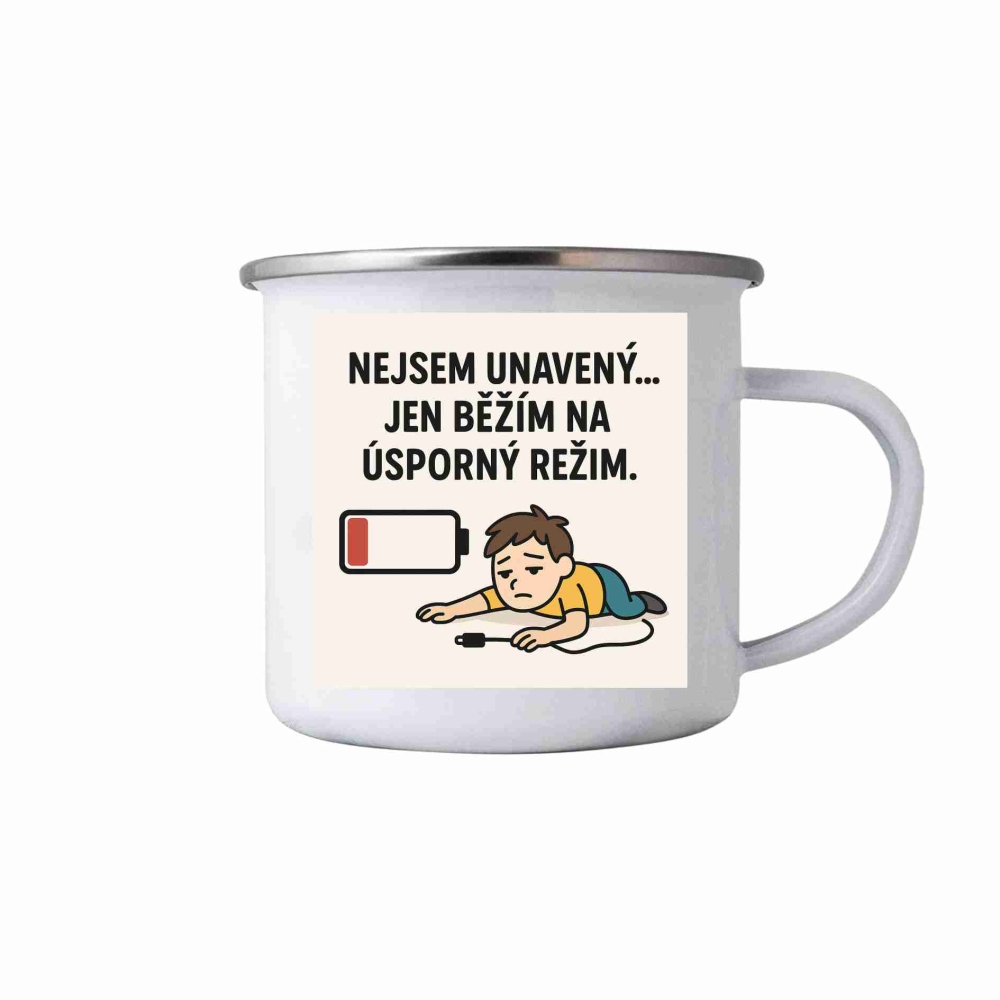 Fehér bádog bögre 380ml képpel - idézet: Nem vagyok fáradt