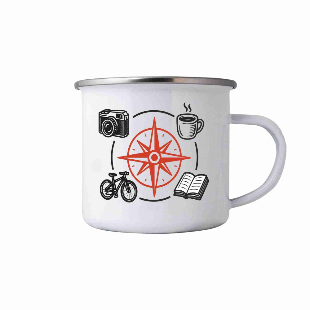 380ml fehér bádog bögre képpel - iránytű és hobbi