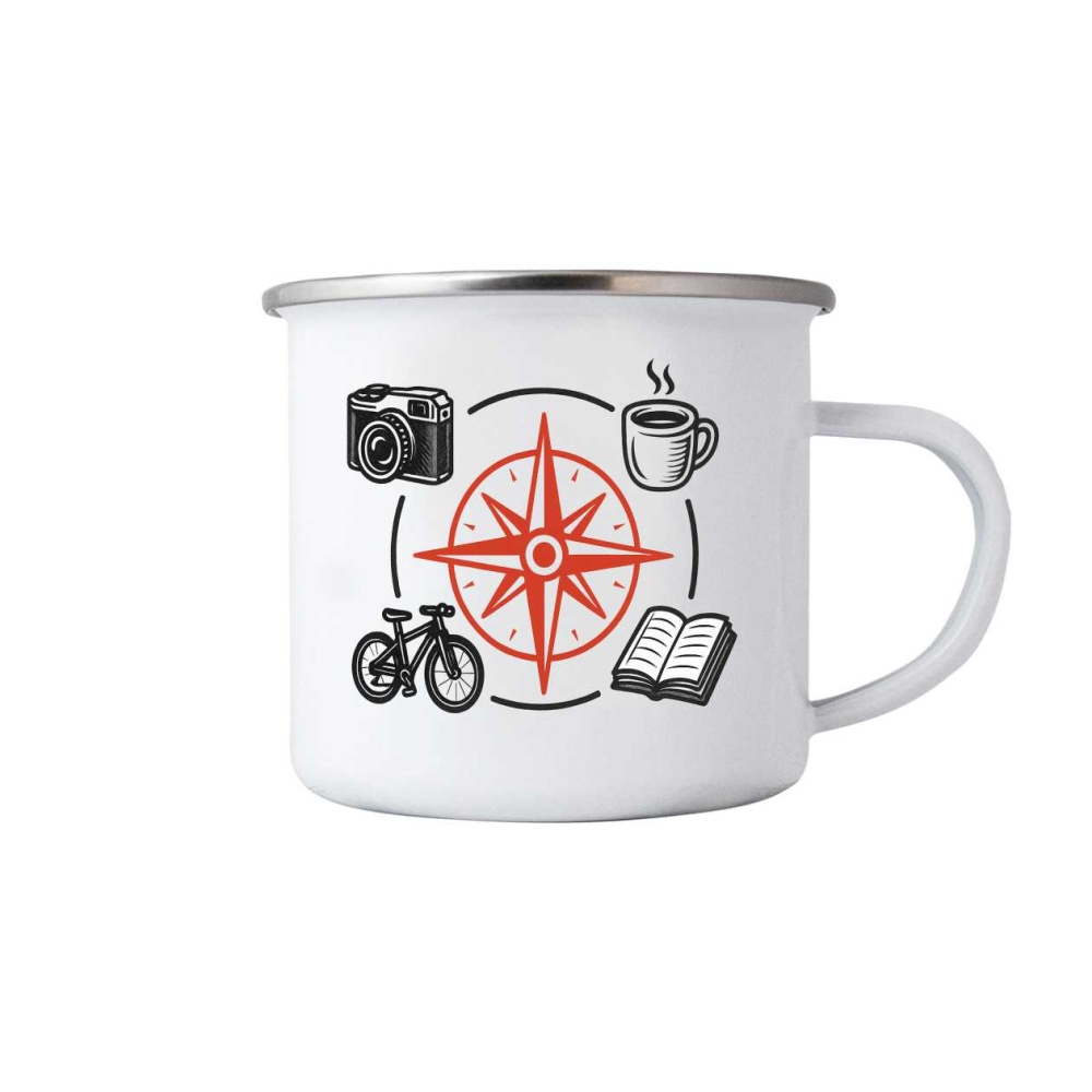 380ml fehér bádog bögre képpel - iránytű és hobbi