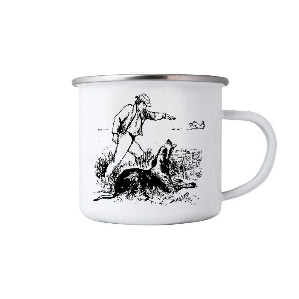 Fehér bádog bögre 380ml képpel - vadász és kutya
