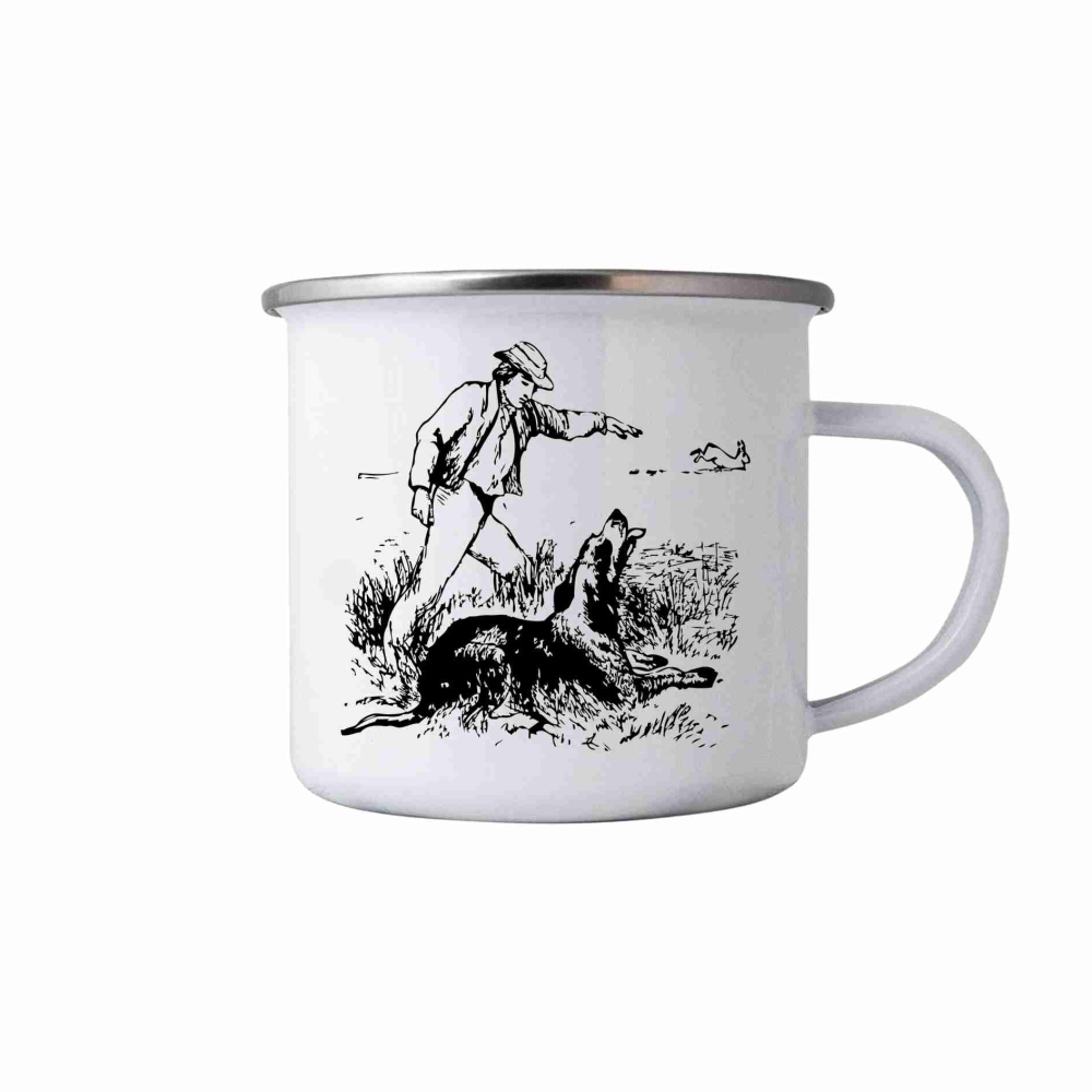 Fehér bádog bögre 380ml képpel - vadász és kutya