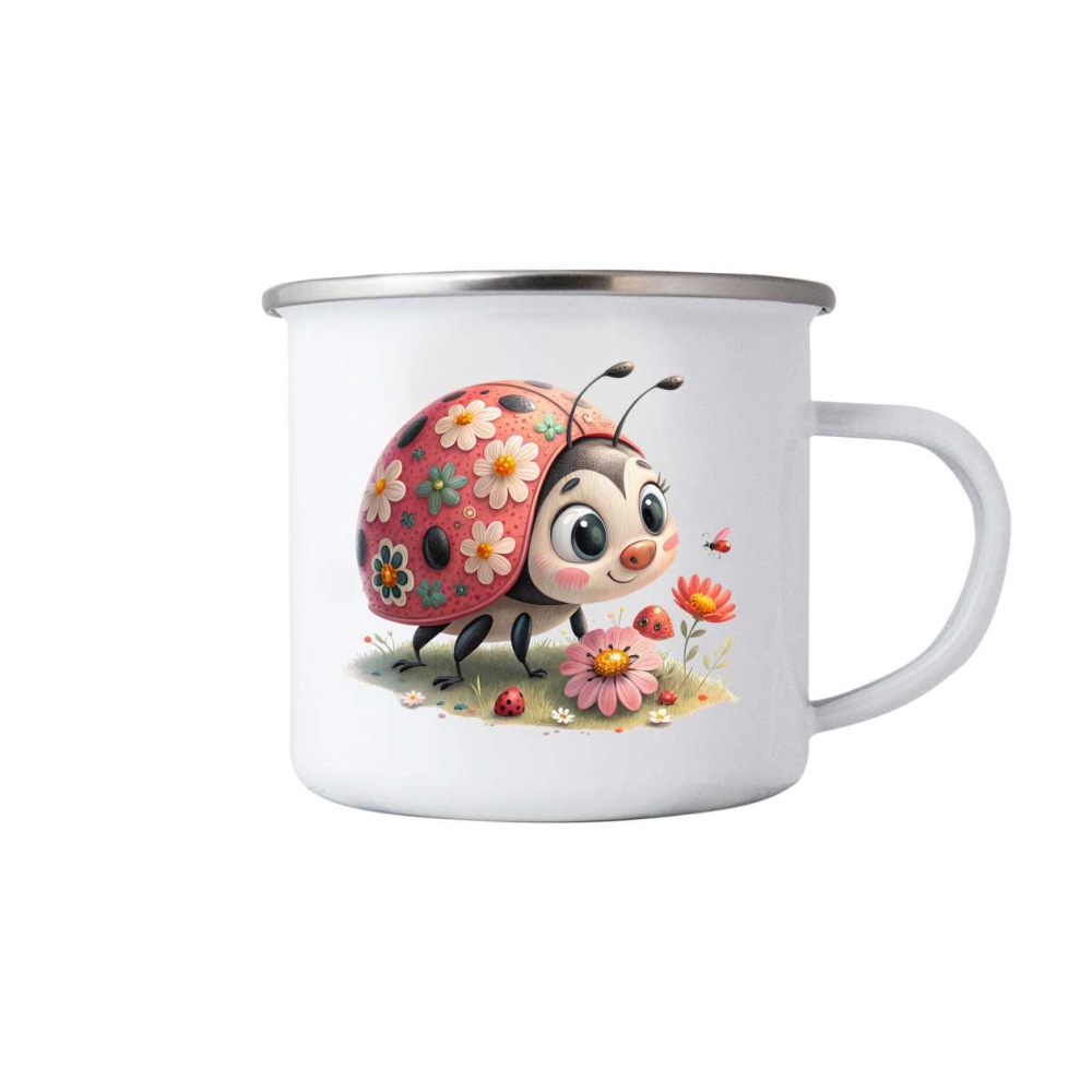 Fehér bádog bögre 380ml képpel - aranyos katicabogár