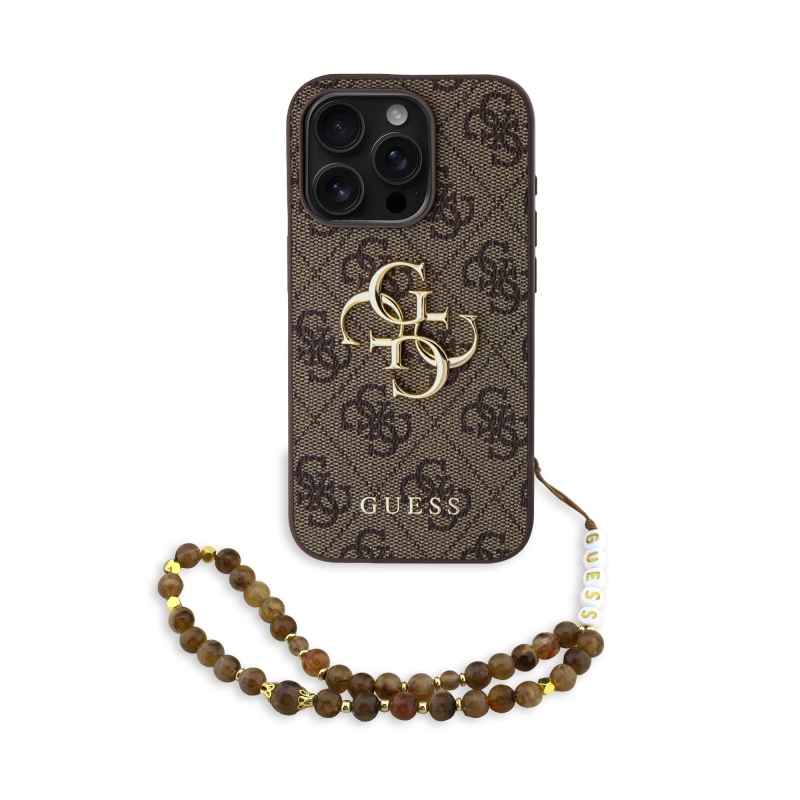 Guess PU 4G fém logós fém pánt hátlap iPhone 15 Pro Max barna színű borítóhoz