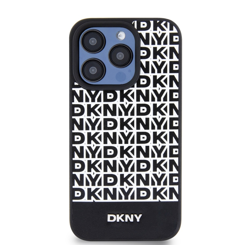 DKNY PU bőr ismétlődő mintás alsó csíkos MagSafe hátlap iPhone 12/12 Pro Fekete