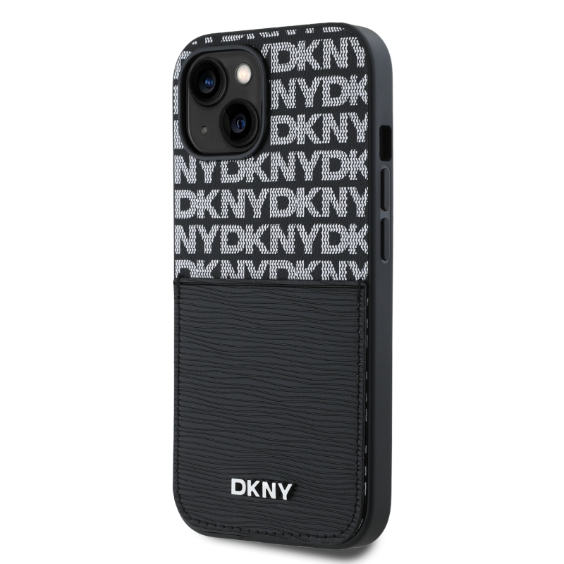 DKNY PU bőr Ismétlődő mintás kártya zseb hátsó borító iPhone 15 Fekete