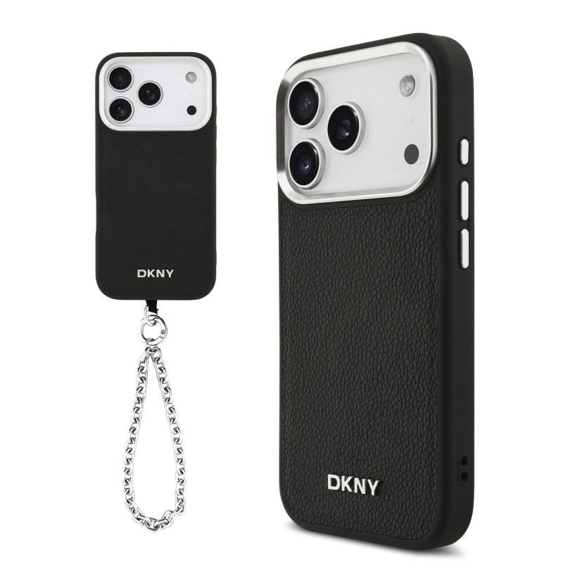DKNY PU bőr fém logós csuklólánc MagSafe hátlap iPhone 17 Pro fekete színűre