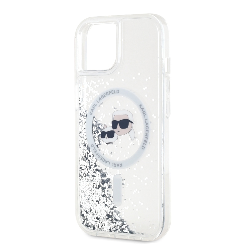 Karl Lagerfeld Liquid Glitter Karl és Choupette fejek MagSafe hátlap iPhone 15-hez Átlátszó