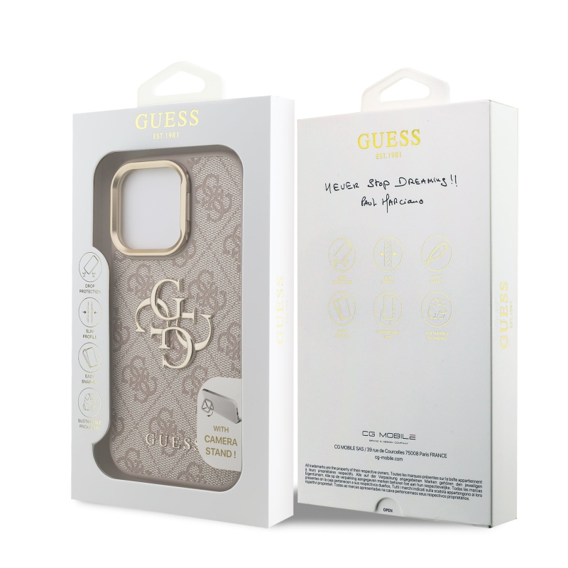 Guess PU 4G fém logó állvány kamera keret hátlapja iPhone 16 Pro Max rózsaszínhez