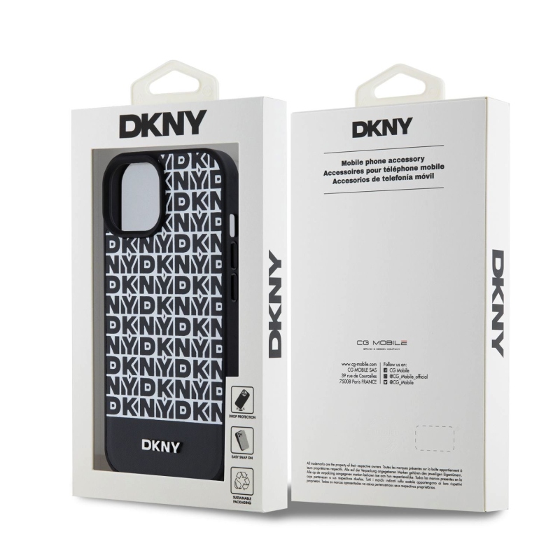 DKNY PU bőr ismétlődő mintás alsó csíkos MagSafe hátlap iPhone 15 Fekete