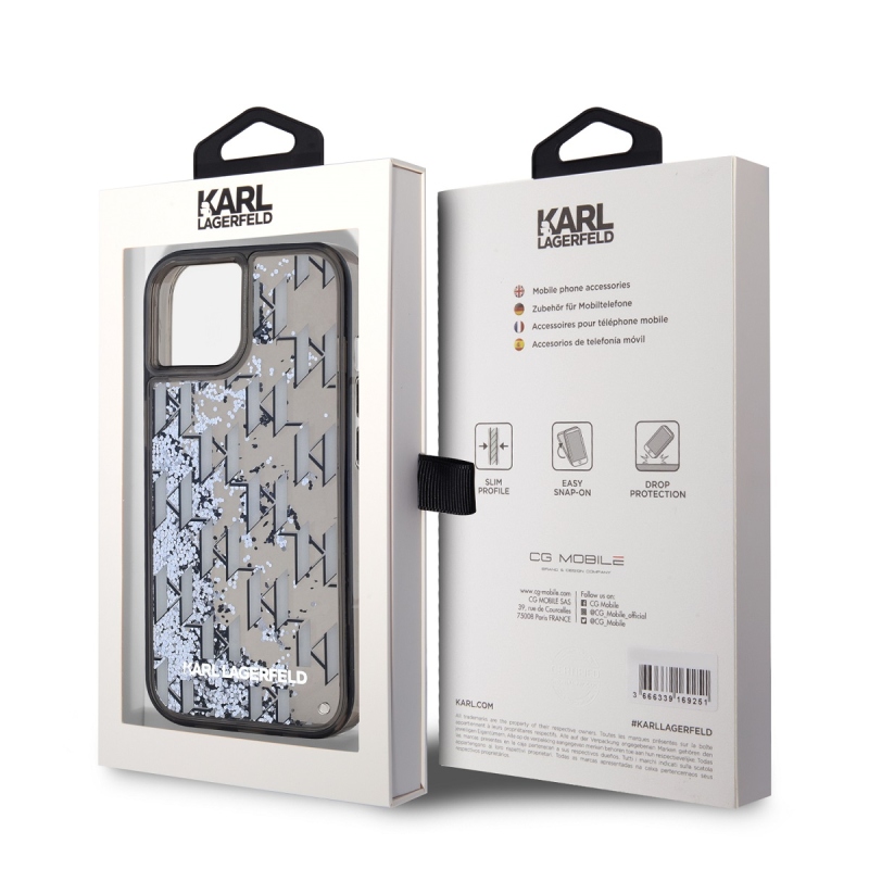 Karl Lagerfeld Folyékony csillámos monogramos, gradiens hátlap iPhone 15-hez Fekete