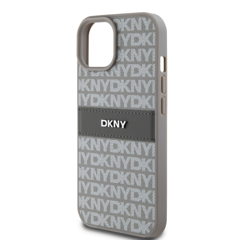 DKNY PU bőr ismétlődő mintás tonális csíkos hátlapi borító iPhone 15 bézs színűre
