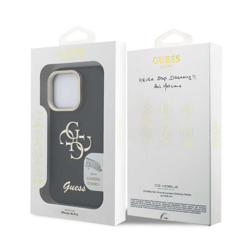 Guess PU szemcsés 4G Logo Stand Kamera keret hátlapi borító iPhone 16 Pro fekete színhez
