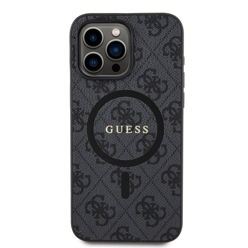 Guess PU bőr 4G színes gyűrűs MagSafe hátlap iPhone 15 Pro Max-hoz Fekete
