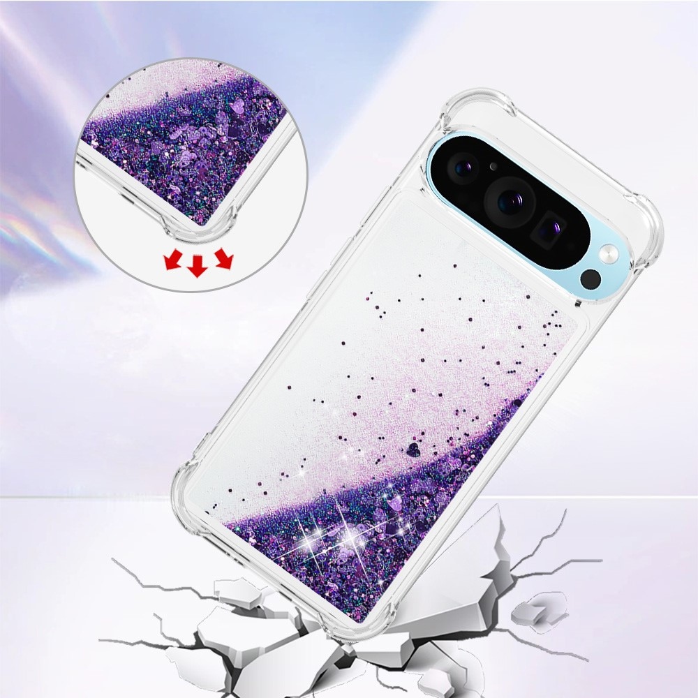 Csillogó homokóra zselés tok Google Pixel 10 Pro/Pixel 10 - sötétlila/szívecske