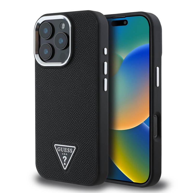 Guess PU szemcsés, háromszög alakú logós hátlap iPhone 16 Pro Fekete