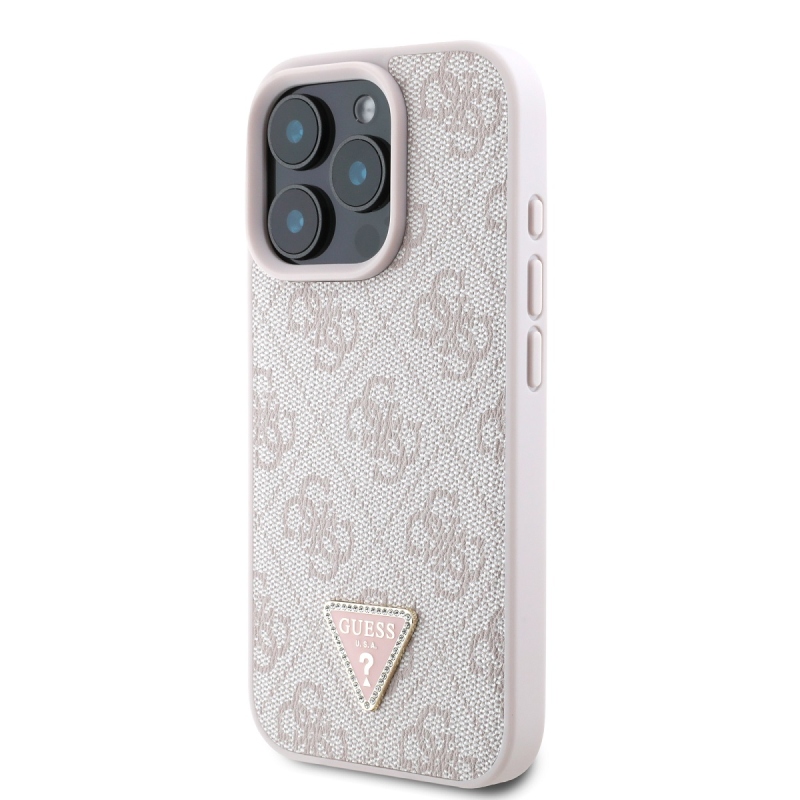Guess PU 4G Strass háromszög fém logó hátlap iPhone 16 Pro rózsaszínhez