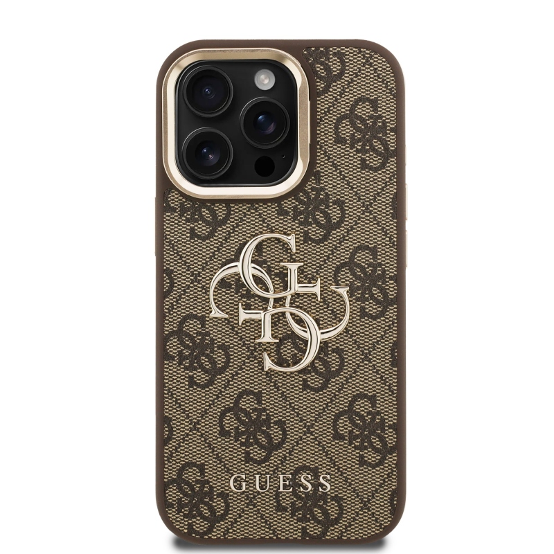 Guess PU 4G fém logó állvány kamera keret hátlap iPhone 15 Pro Max barna barna