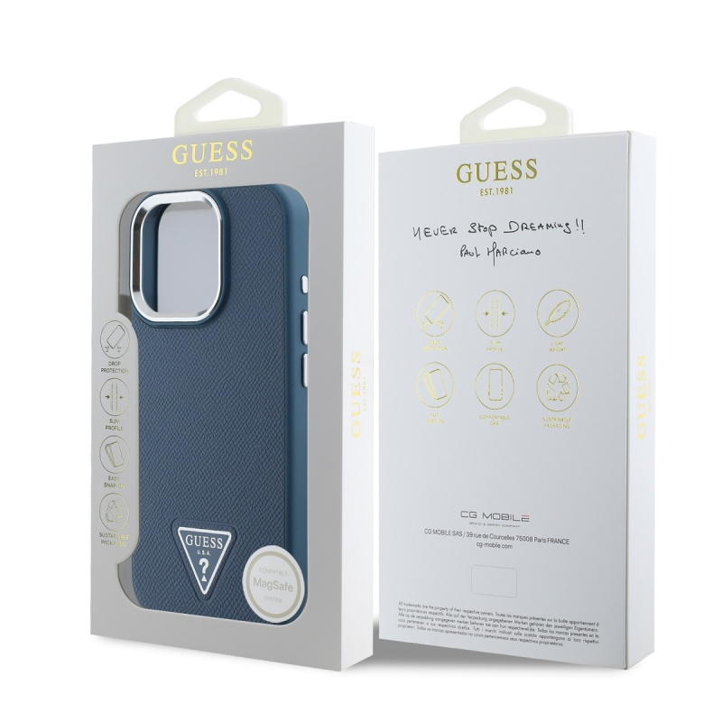 Guess PU szemcsés, háromszög alakú logós hátlap iPhone 16 Pro Max-hoz Kék