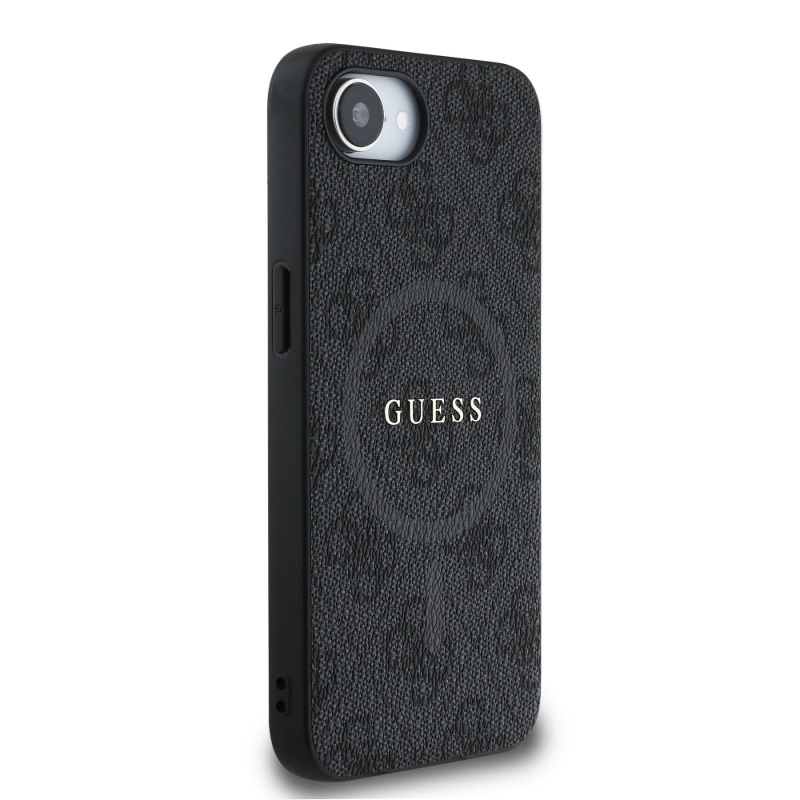 Guess PU bőr 4G színes gyűrűs MagSafe hátlap iPhone 16e Fekete
